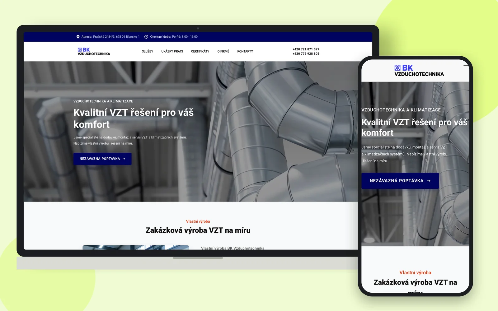 Сайт BK Vzduchotechnika на ноутбуці та смартфоні