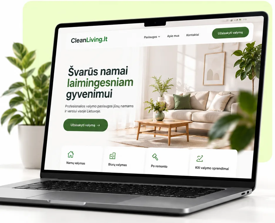 Прев’ю сайту CleanLiving.lt з послугами прибирання на ноутбуці