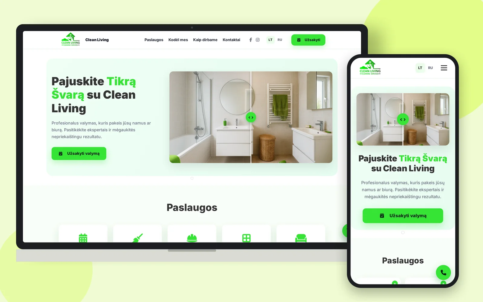 Сайт CleanLiving.lt на ноутбуці та смартфоні