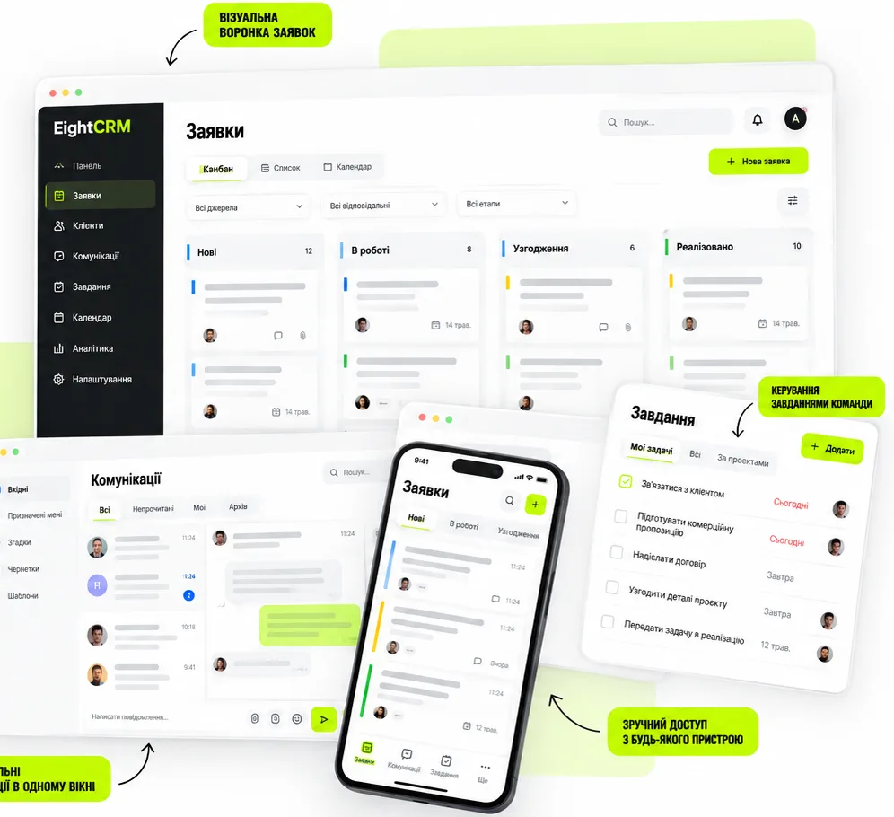 Інтерфейс EightCRM: воронка заявок, комунікації, завдання та мобільна версія