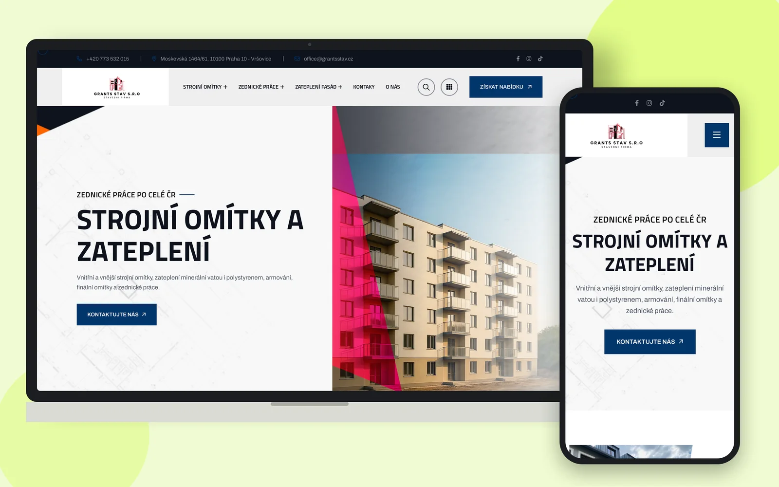 Сайт Grantsstav про машинну штукатурку й утеплення на ноутбуці та смартфоні