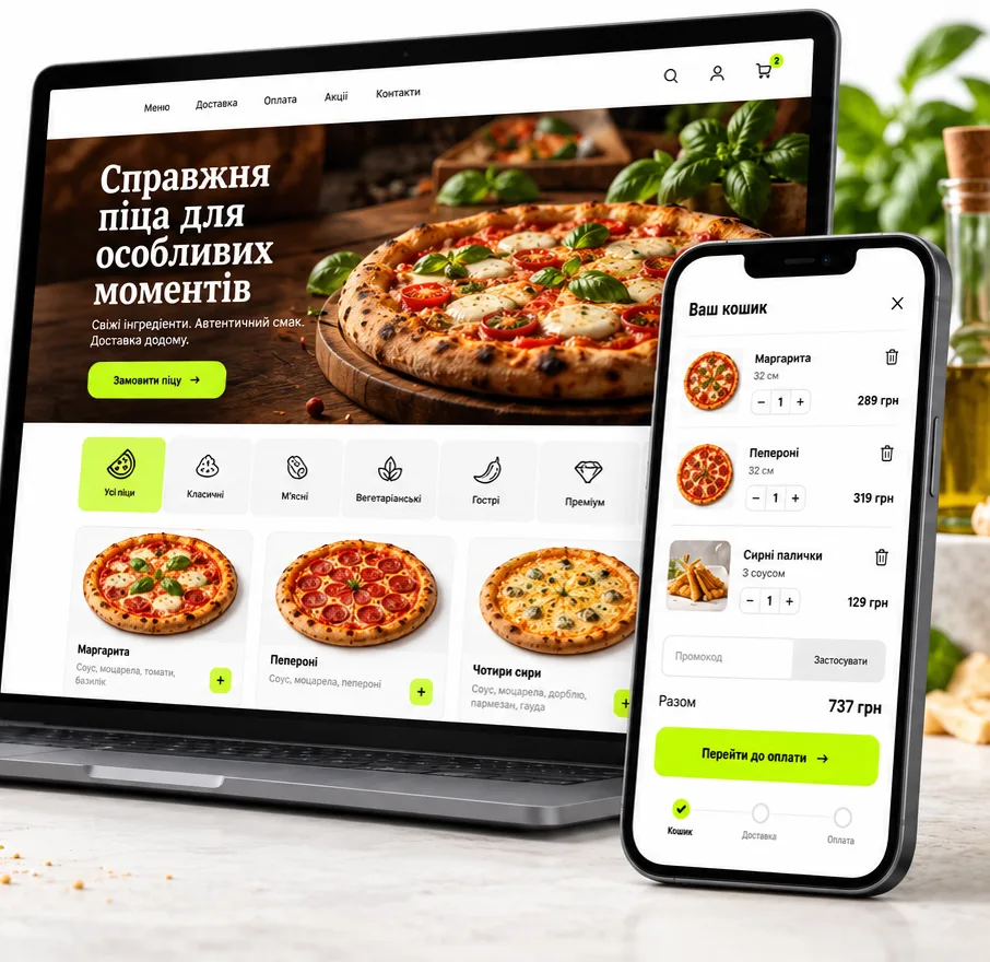 Сайт піцерії з меню та кошиком на ноутбуці й смартфоні