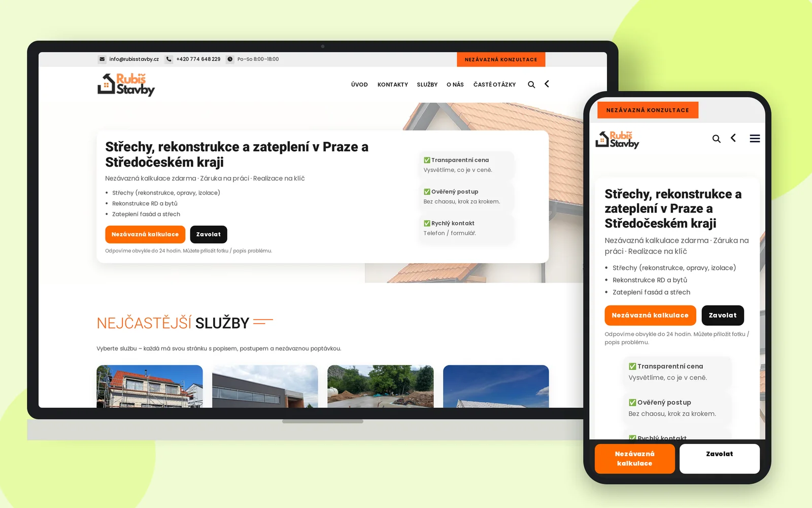 Сайт Rubiš Stavby на ноутбуці та смартфоні