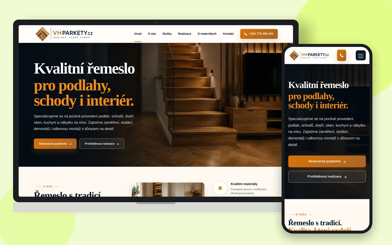Сайт VH Parkety на ноутбуці та смартфоні