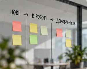 Стікери на скляній дошці за етапами: нові, в роботі, домовленість