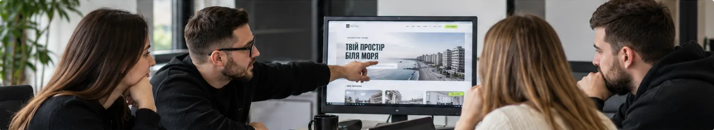 Команда обговорює макет сайту на моніторі