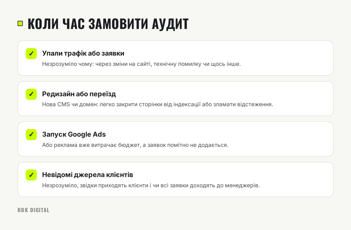 Список із чотирьох ситуацій, у яких сайту потрібен аудит.