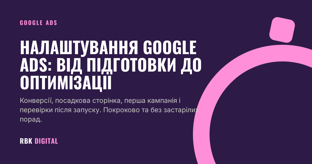 Обкладинка статті про налаштування Google Ads із заголовком і коротким описом змісту.