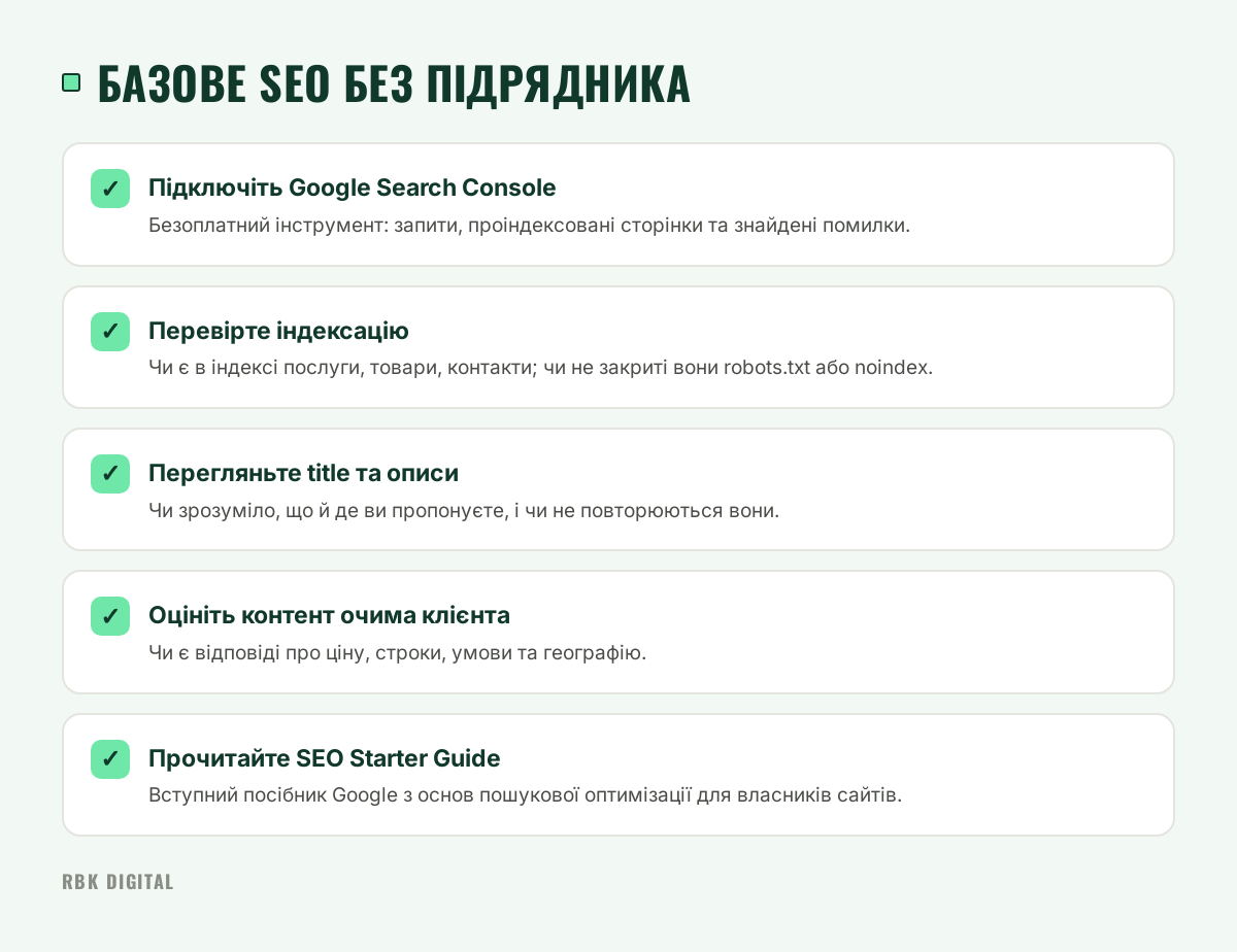 Чекліст із п'яти перших кроків базового SEO, які власник сайту може зробити самостійно.