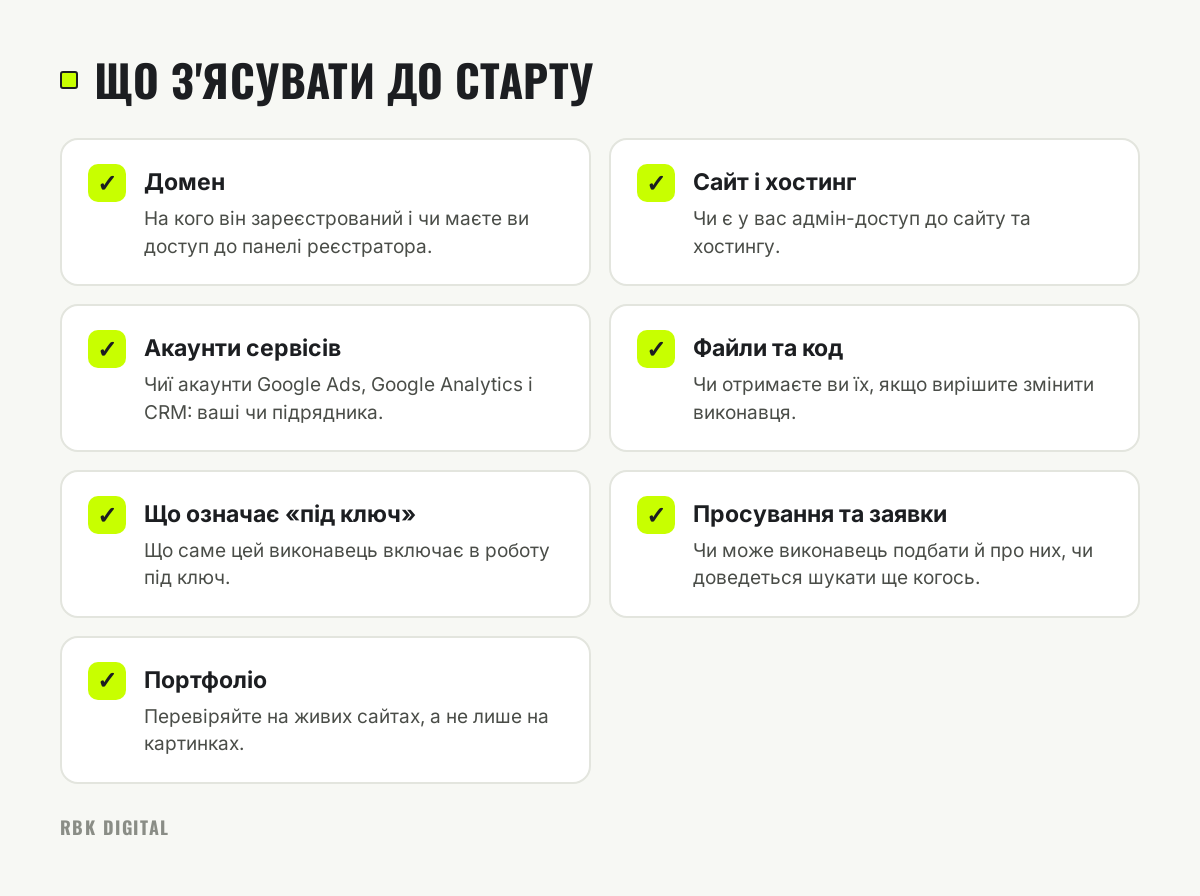 Чекліст із семи пунктів: що перевірити у виконавця, зокрема доступи, акаунти, код сайту й портфоліо.